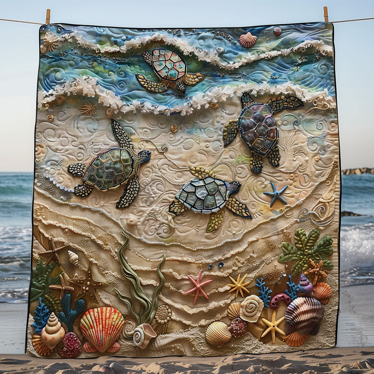 Turtle On Sand Quilted Blanket - Serene Turtle Design, Ideal Blanket Gift for Ocean Lovers QL510