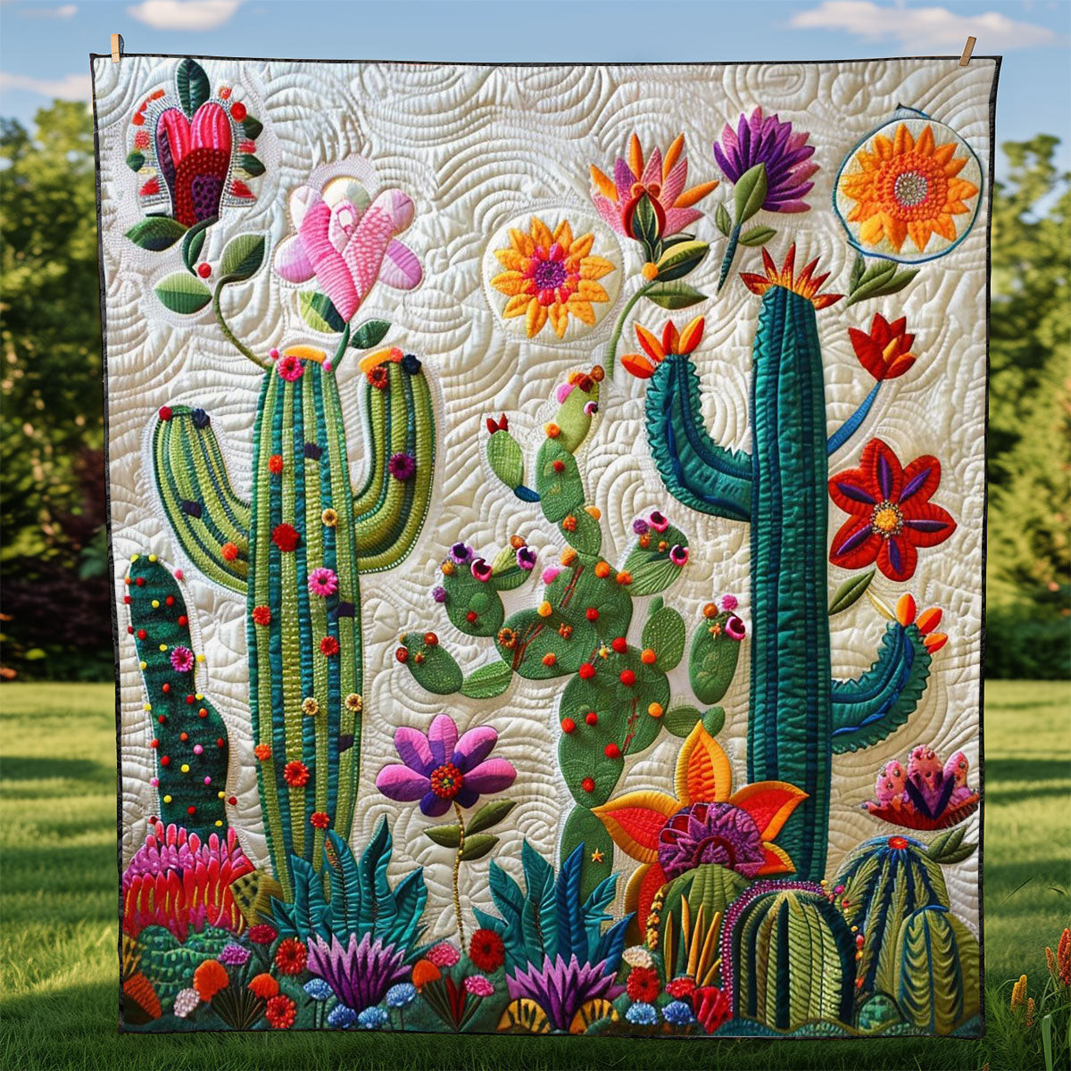 Mural Cactus Quilt - Stunning Mural Cactus Quilt Blanket for Desert and Nature Fans QL510