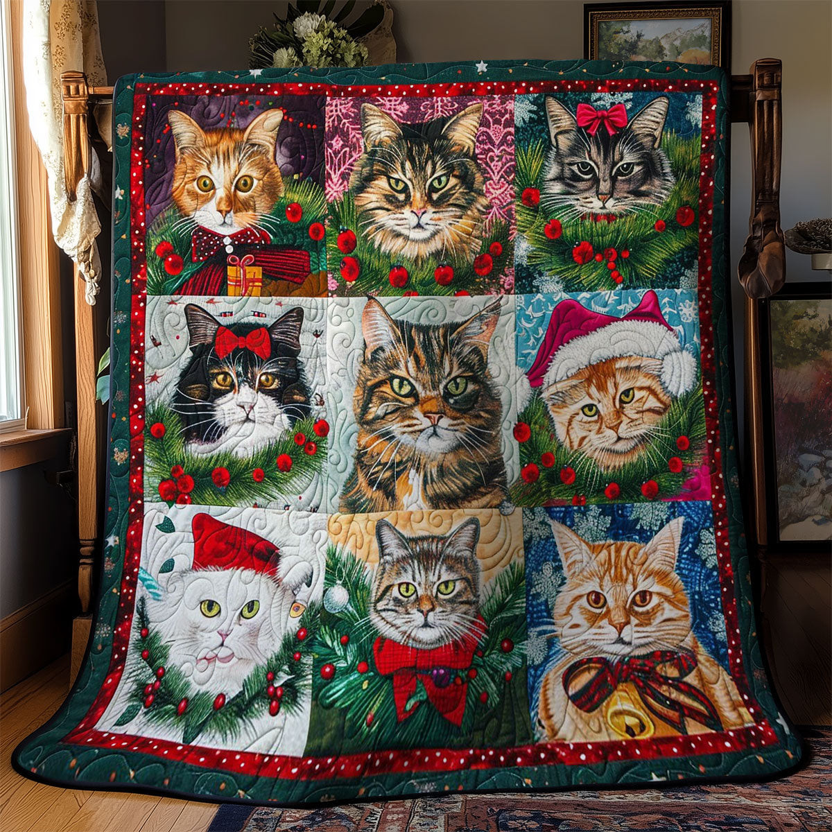 Coddle Christmas Cat Quilted Blanket - Charming Cat Design, Perfect Cozy Holiday Gift QL510