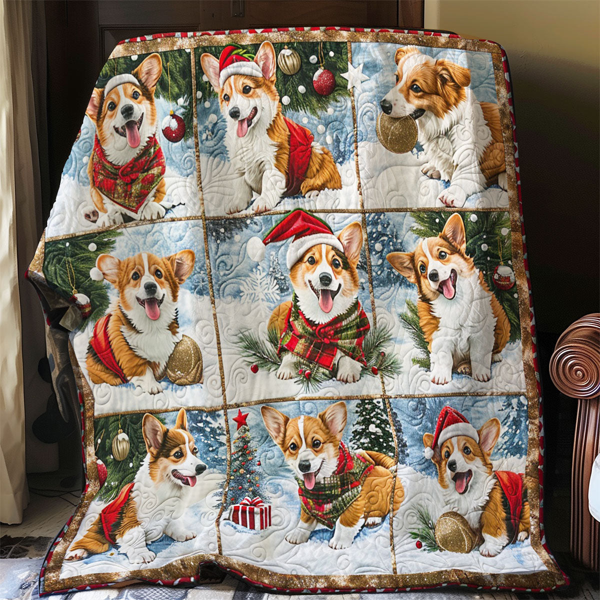 Corgi's Jolly Christmas Quilted Blanket - Festive Corgi Dog Design, Ideal Holiday Blanket Gift QL510