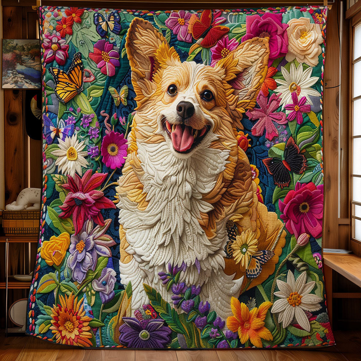 Happy Corgi Quilted Blanket - Adorable Corgi Dog Design, Wonderful Gift for Dog Lovers QL510