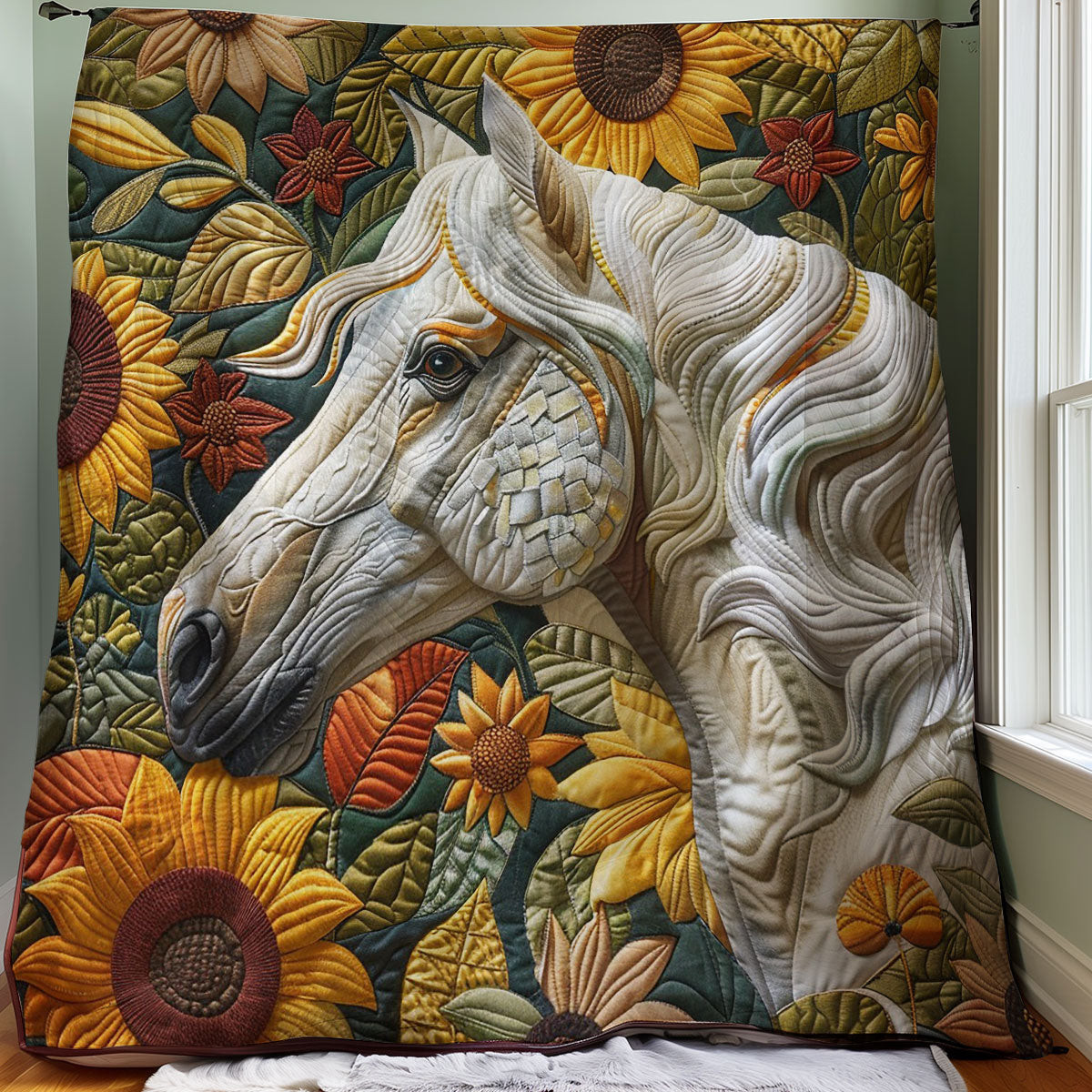White Horse And Sunflowers Quilted Blanket - Beautiful Horse Design, Perfect Nature Lover's Gift QL510