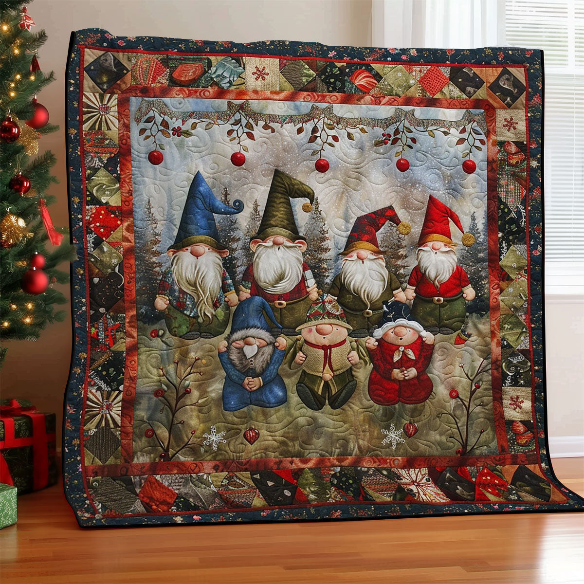 Gnomes Quilted Blanket - Festive Christmas Design, Ideal Holiday Blanket Gift QL510