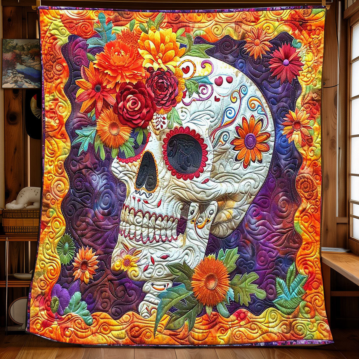 Sugar Skull Marigold Quilted Blanket - Vibrant Halloween Design, Perfect Festive Blanket Gift QL510