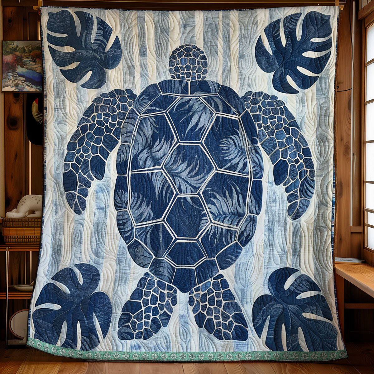 Hawaiian Turtle Quilt Blanket - Blue Hawaiian Quilt with Turtle Design, Ideal Gift for Beach Lovers QL510