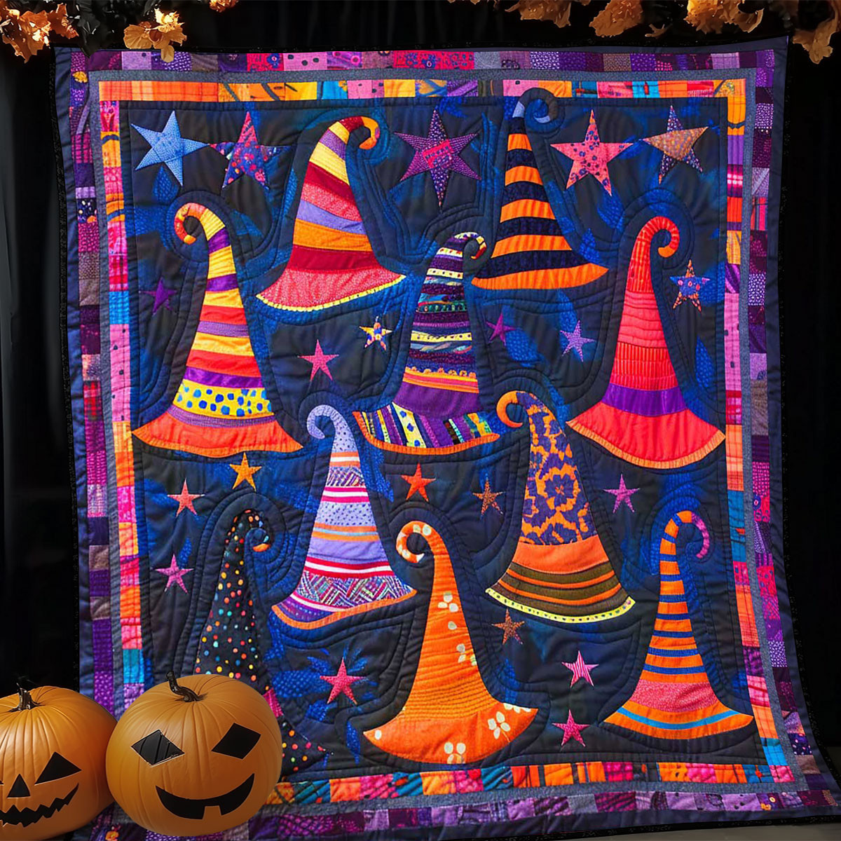 Witch Hat Halloween Quilted Blanket - Festive Halloween Witch Design, Perfect Holiday Gift QL510