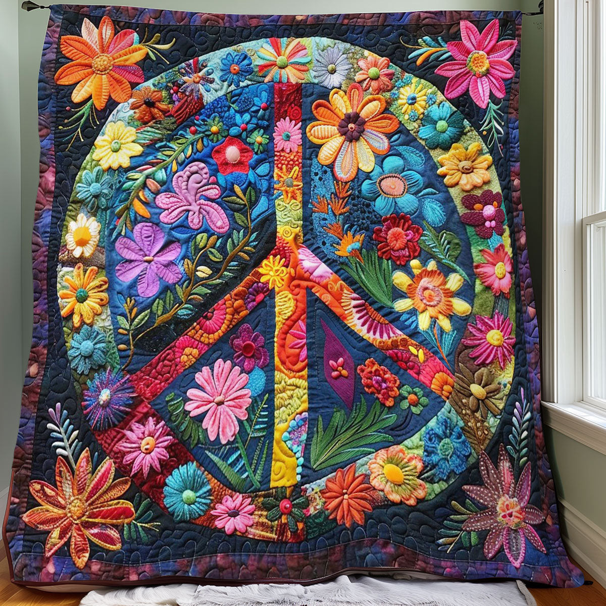 Hippie Peace Quilted Blanket - Artistic Design, Perfect Cozy Blanket Gift for Peace Lovers QL510
