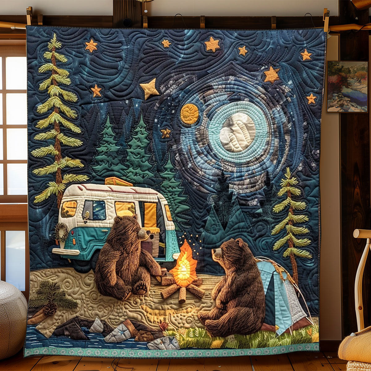 Bear Family Camping Quilted Blanket - Charming Animal and Forest Design, Perfect Cozy Blanket Gift QL510