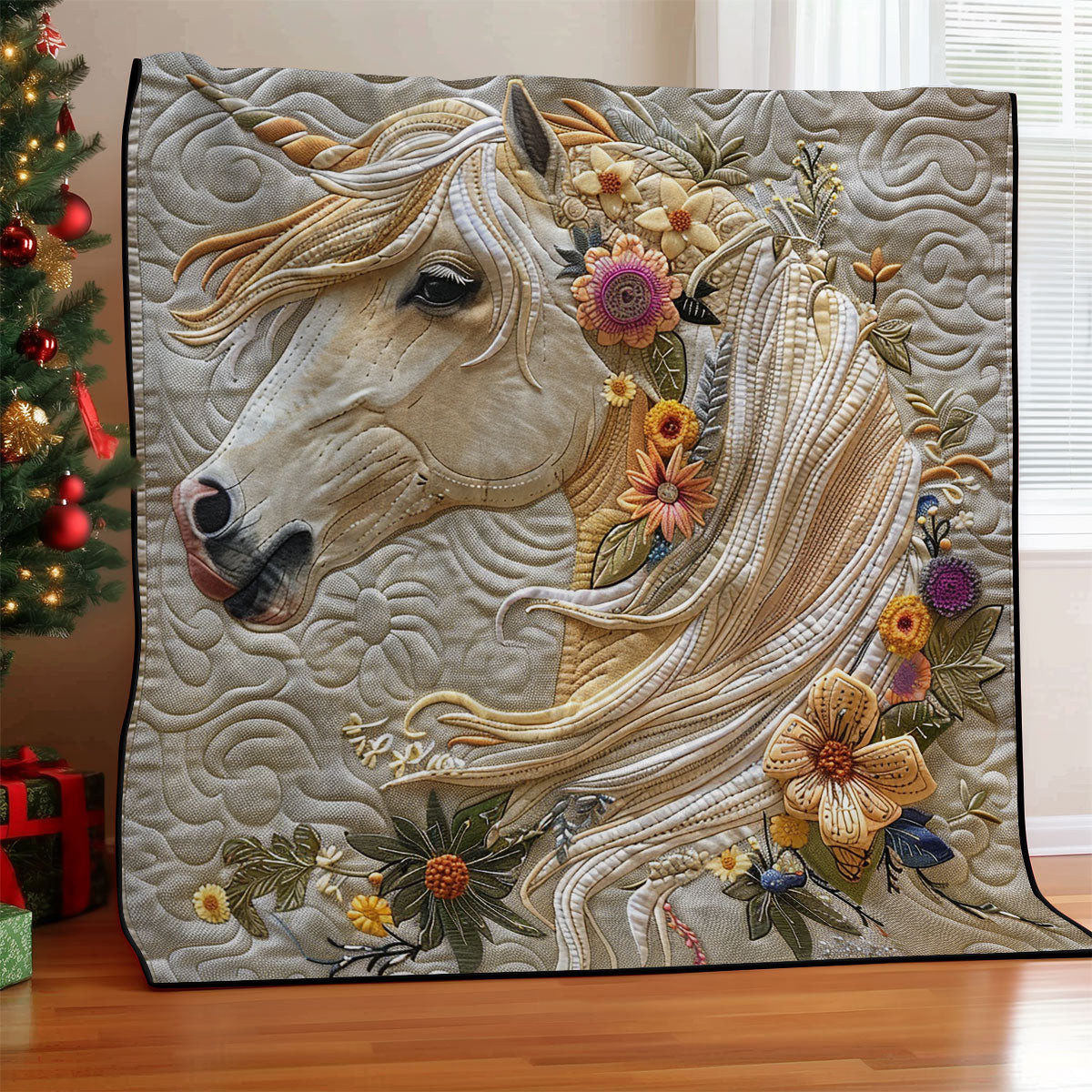Floral Beige Horse Quilt - Beautiful Horse Quilt Blanket, Ideal for Animal Lovers QL510