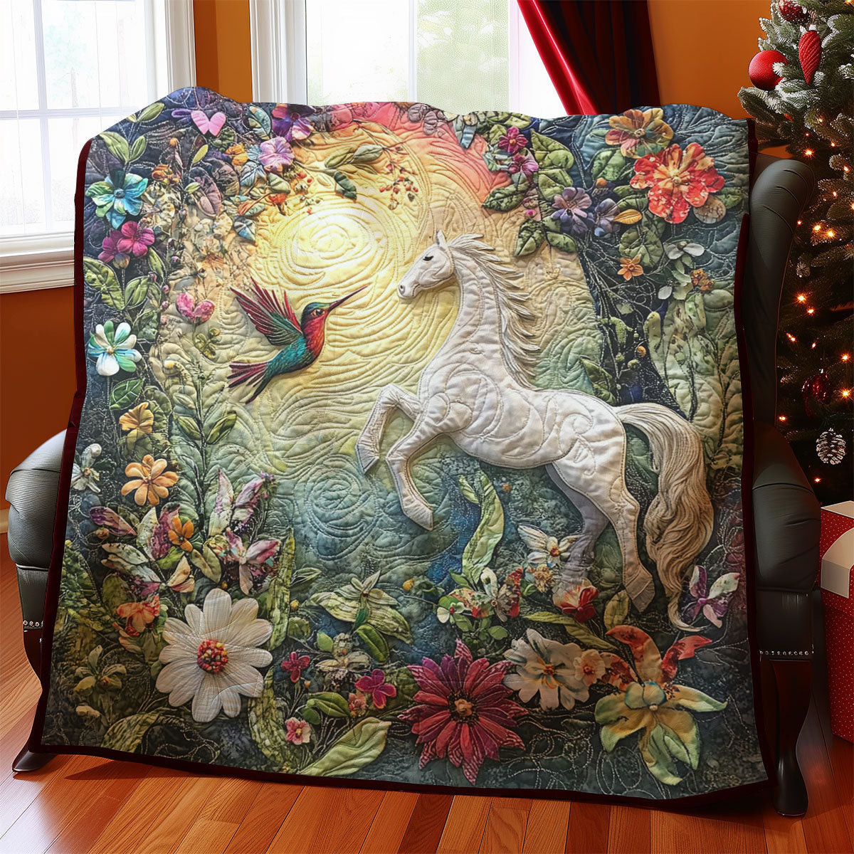 Hummingbird and Horse Quilt Blanket - Nature-Inspired Reversible Quilt for Horse Lovers QL510