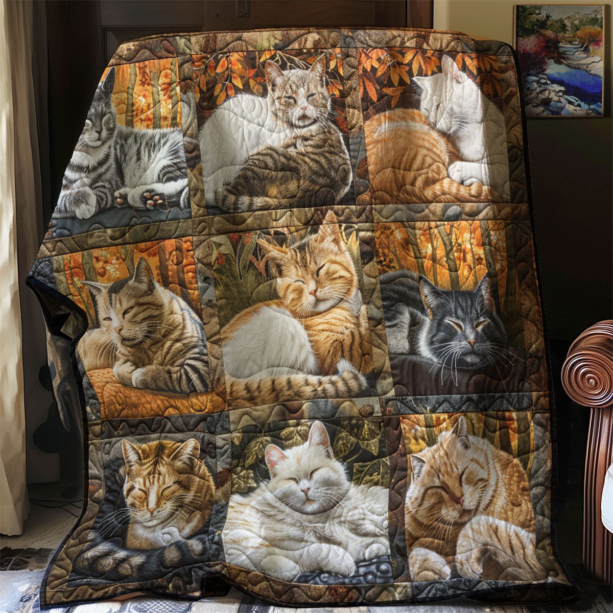 Sleeping Fall Cats Quilt Blanket - Cozy Cat-Themed Quilt for Fall QL510