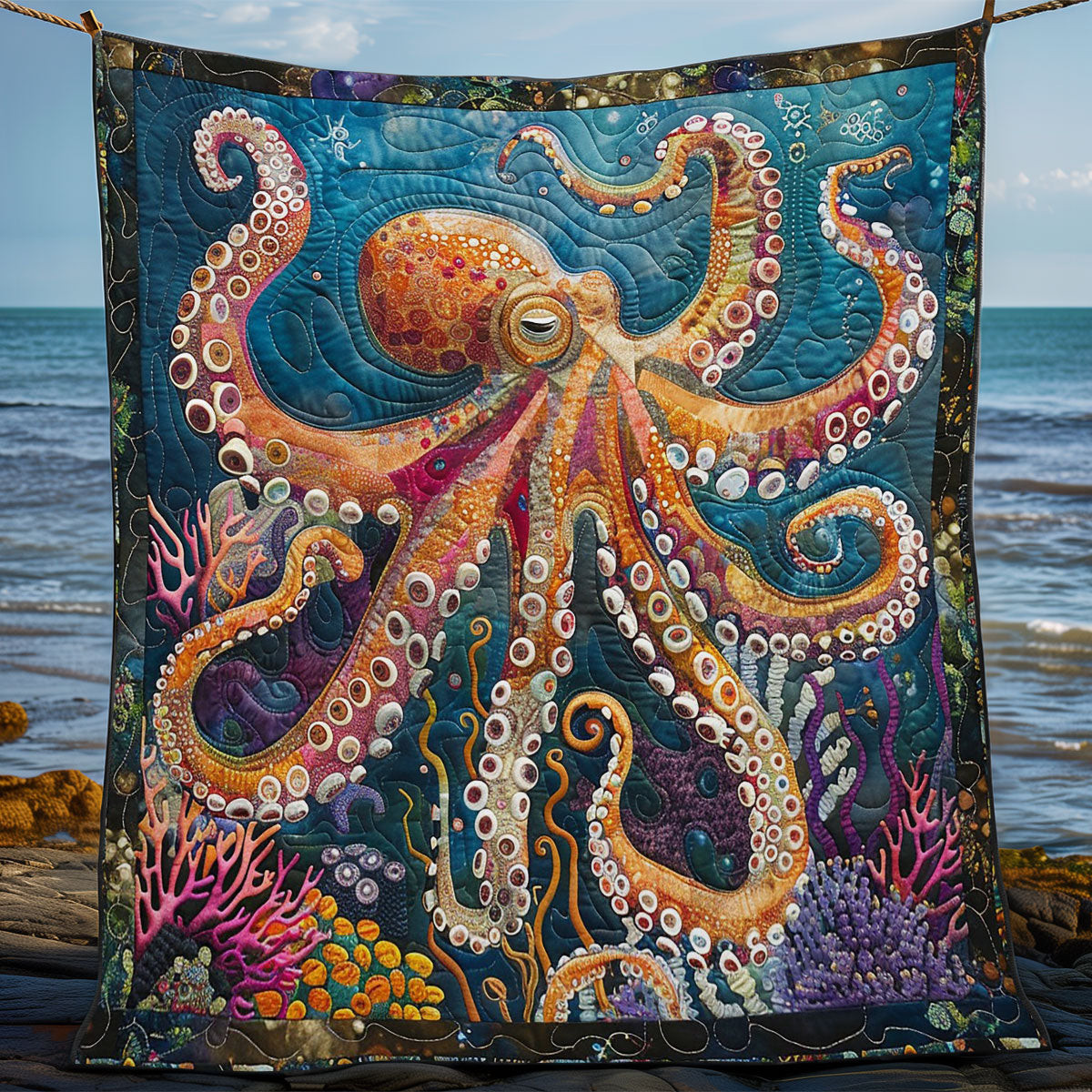 Octopus Quilt Blanket - Ocean-Inspired Octopus Quilt for Marine Life Lovers QL510