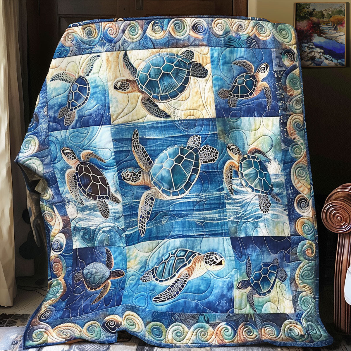 Turtle Tide Quilt - Sea Turtle Quilt Blanket, Ideal for Ocean Lovers and Beach Decor QL510