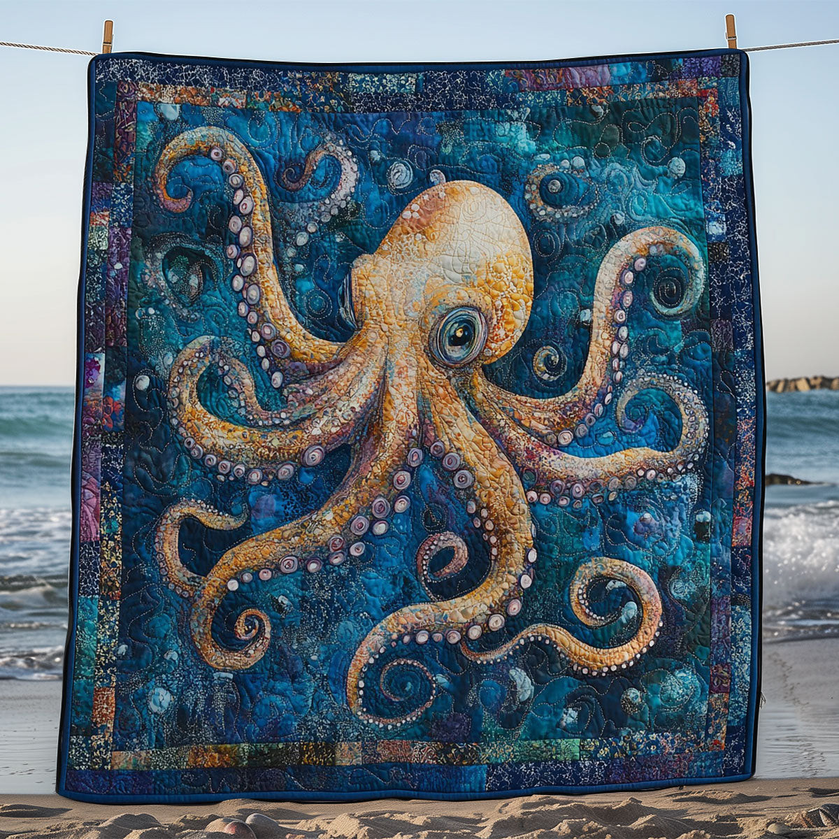 Jumping Octopus Quilted Blanket - Fun Octopus Design, Great Blanket Gift for Ocean Lovers QL510