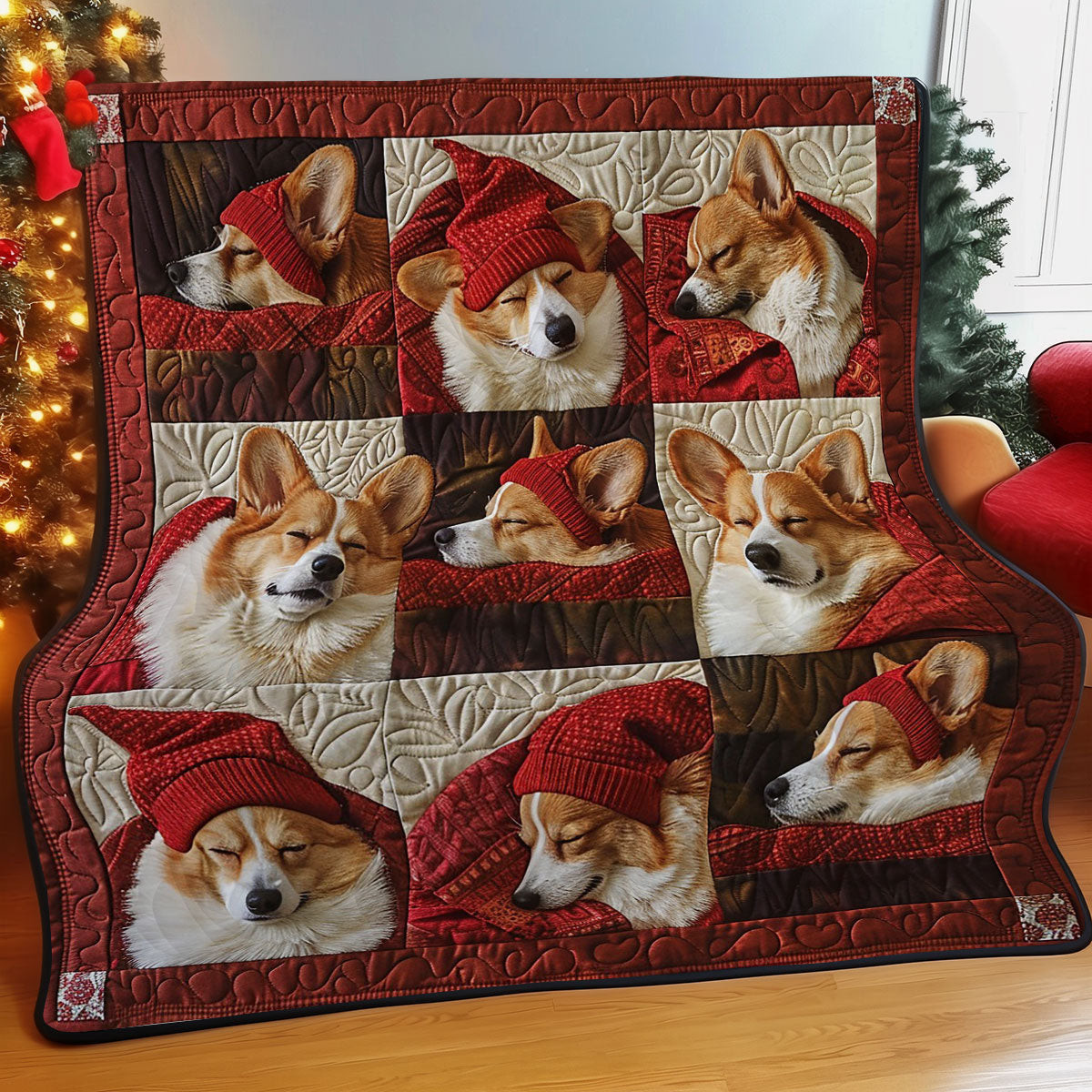 Red Corgi Quilt Blanket - Lightweight Cotton Dog Quilt for Bed or Couch QL510