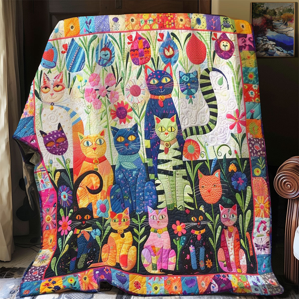 Cartoon Cat Garden Quilt Blanket - Fun Animal-Themed Bedding Gift QL510