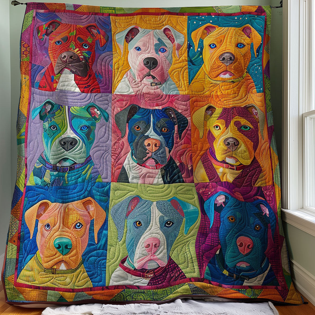 Colorful Dogs Face Quilt Blanket - Colorful Dog Face Design Quilt for Pet Lovers QL510