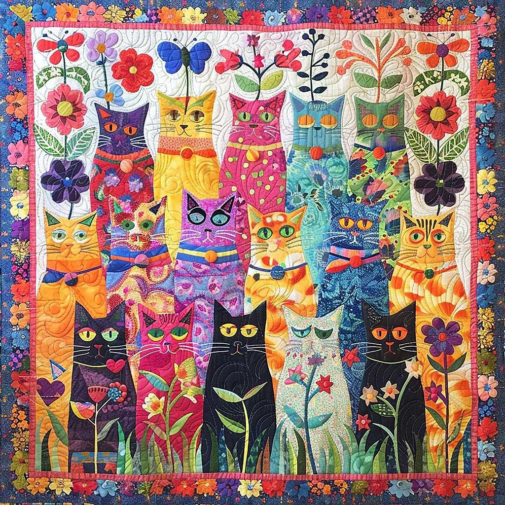 Cat Garden Quilt Blanket - Cozy Animal-Themed Bedding - Pet Lover Gift QL510