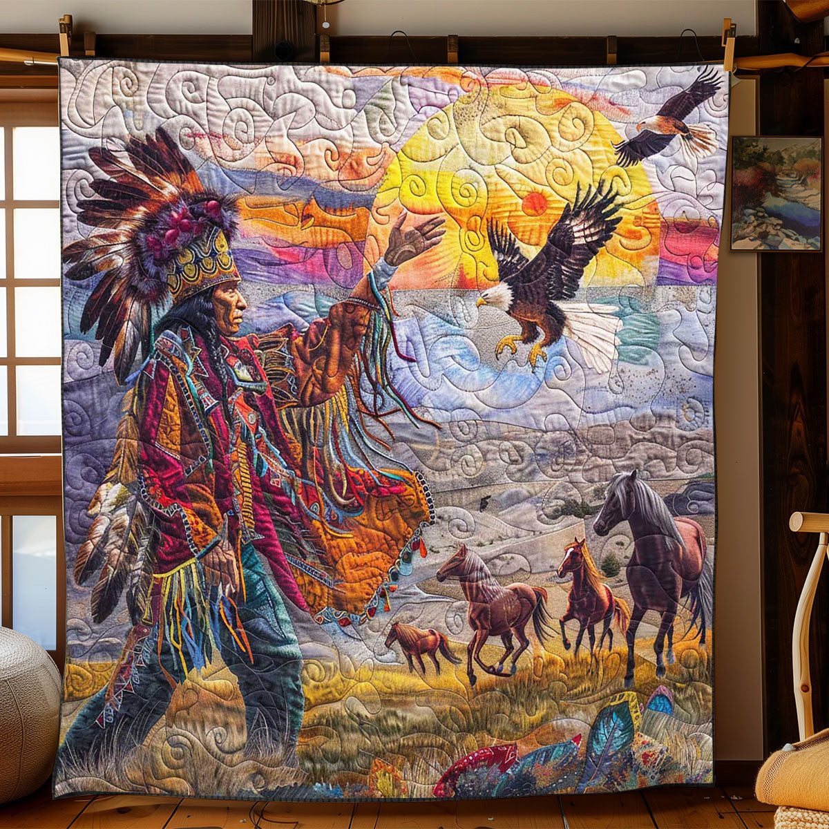 Chief Native American Quilt Blanket - Luxury Reversible Native American Quilt Bedding QL510