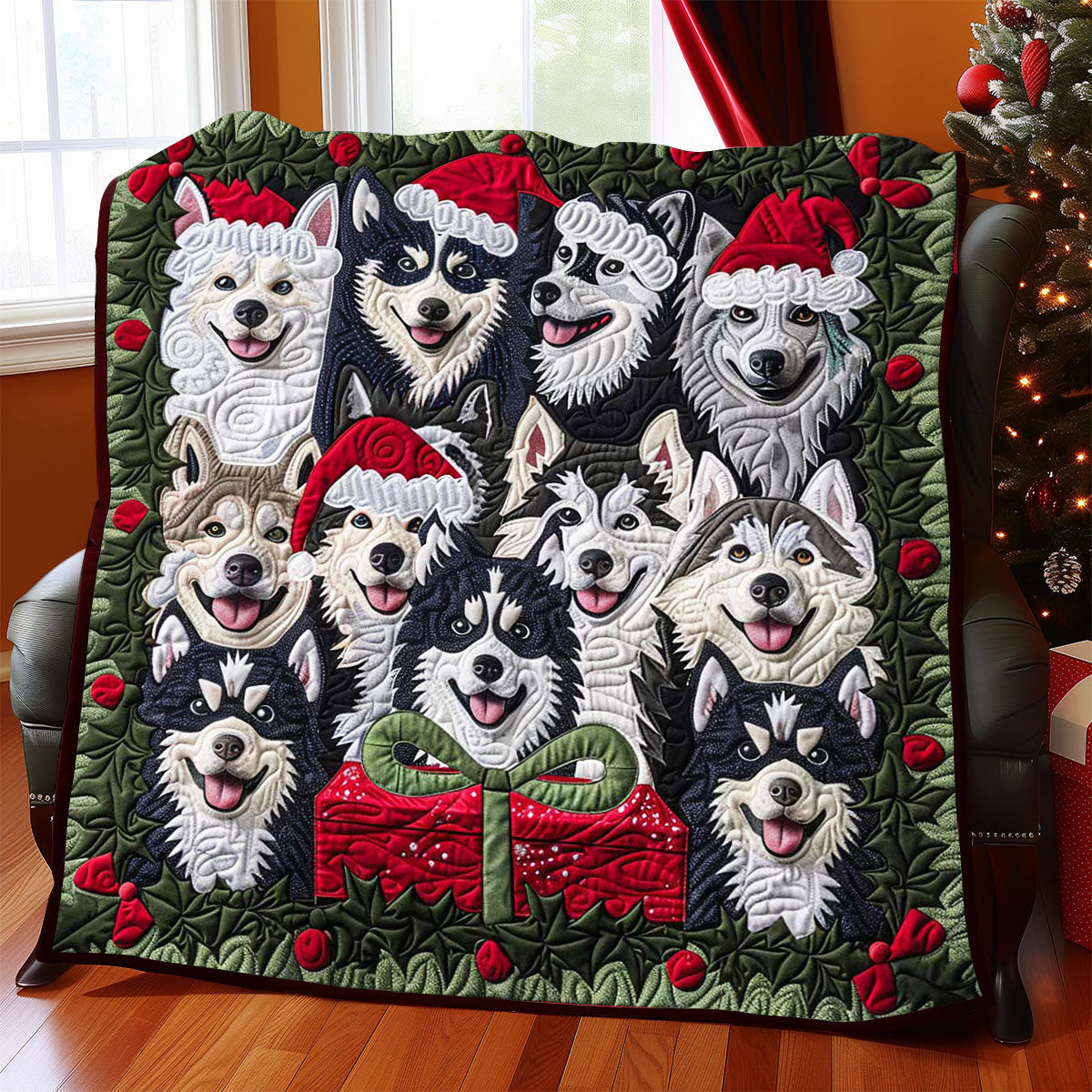Husky Christmas Gift Quilted Blanket - Festive Dog Design, Perfect Holiday Blanket Gift QL510