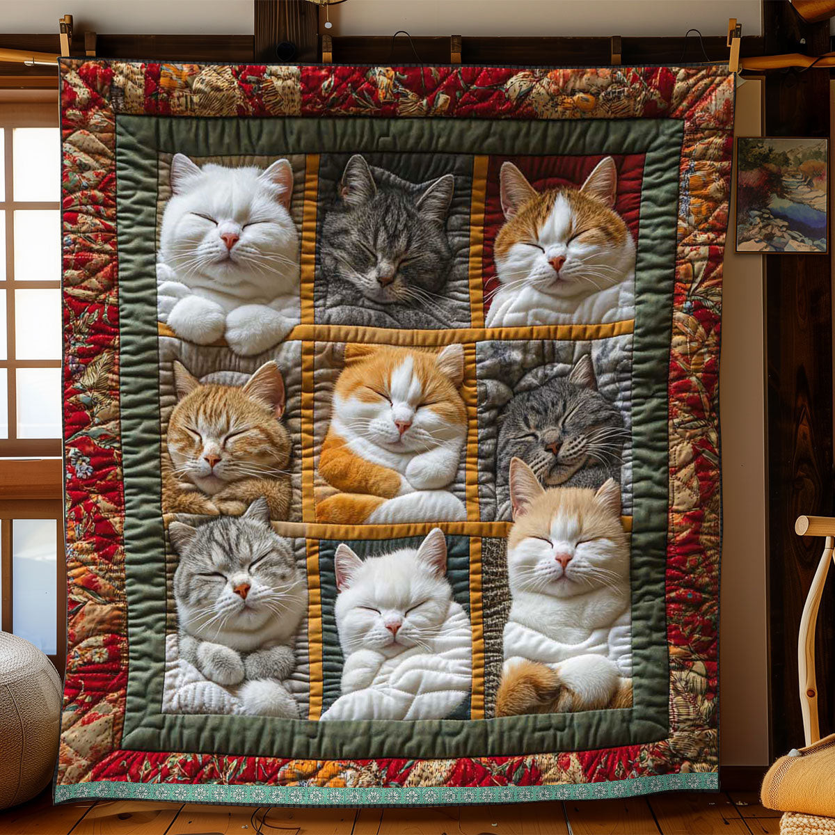 Sleeping Royal Cat Quilt Blanket - Cozy Cat Bedding - Luxury Pet Gift for Animal Lovers QL510