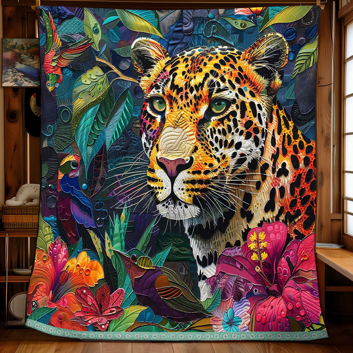 Floral Leopard Quilt Blanket - Jungle Leopard and Floral Design Quilt, Ideal for Wildlife and Nature Lovers QL510