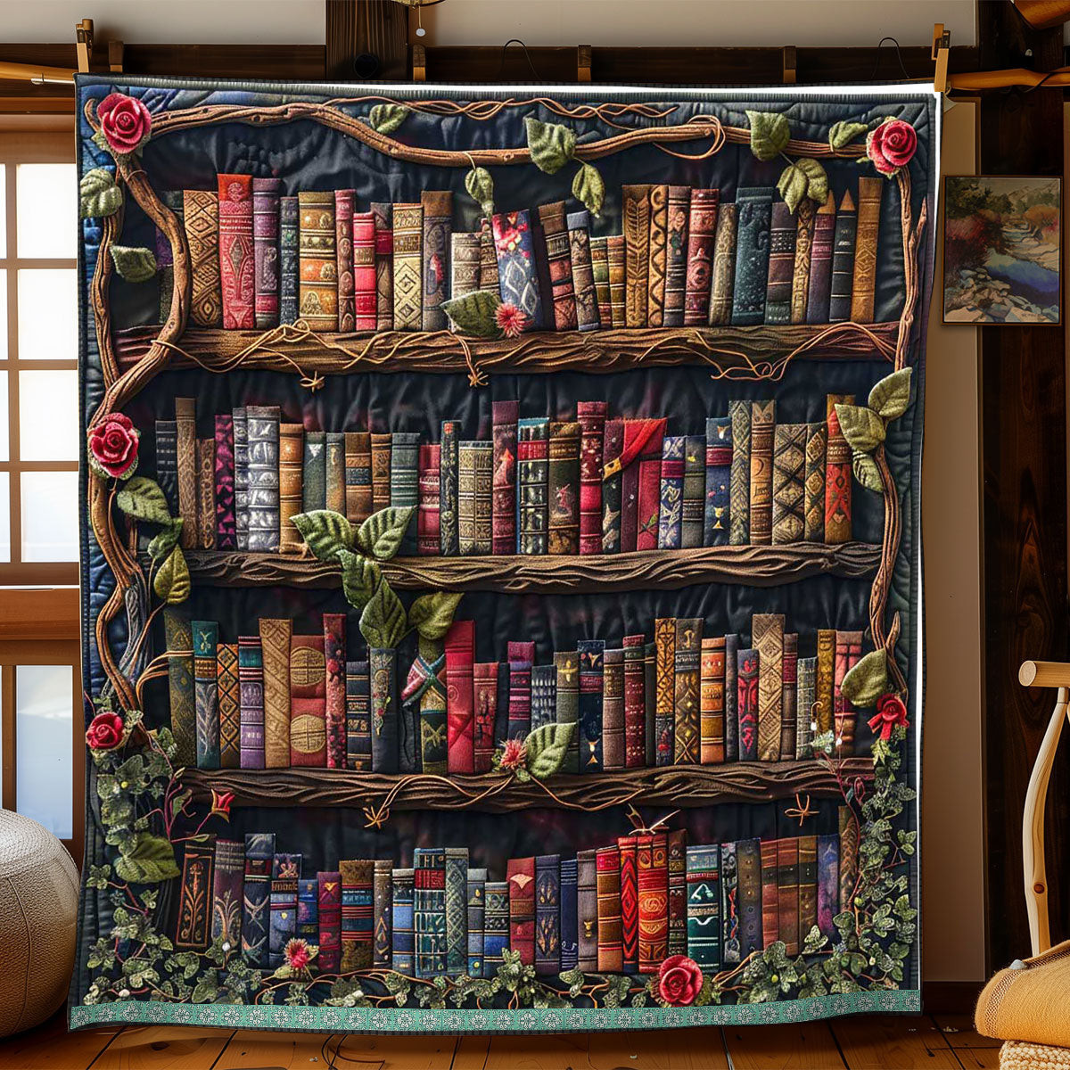 Ancient Bookshelf Quilt Blanket - Vintage Bookshelf Reversible Quilt for Book Lovers QL510