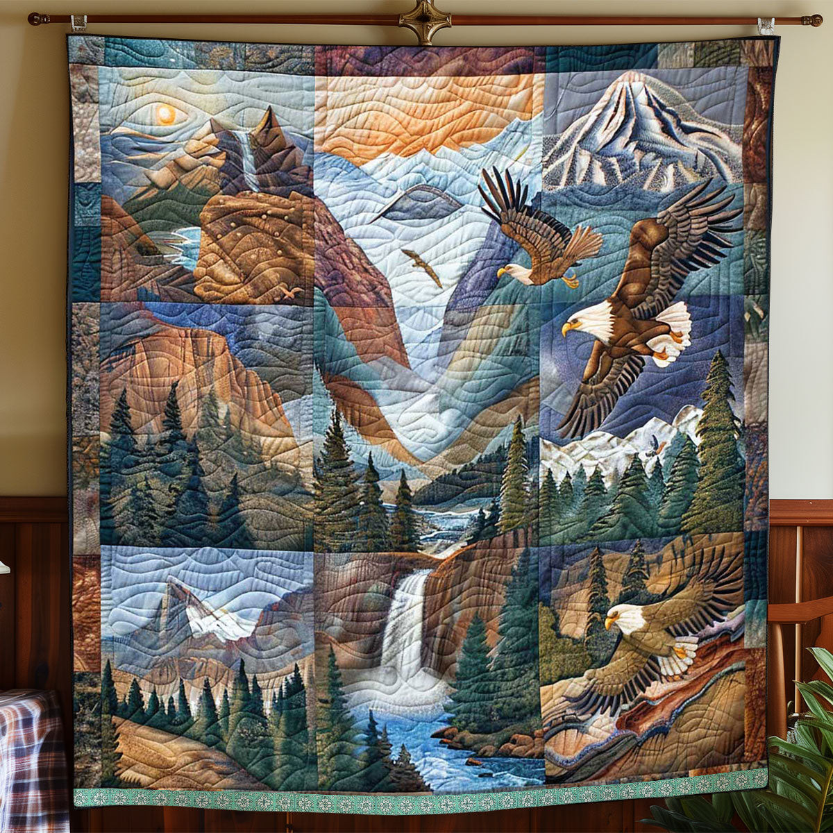 Mountainous Scenery Eagle Quilt Blanket - Majestic Eagle in Mountainous Nature Quilt, Perfect for Wildlife Enthusiasts QL510