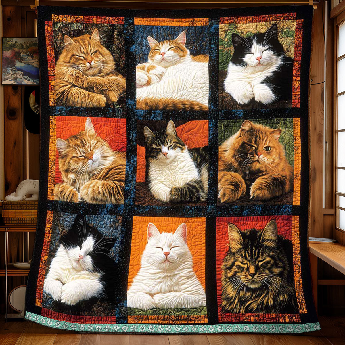 9 Sleeping Cat Quilt Blanket - Cozy Pet-Themed Bedding Gift for Cat Lovers QL510