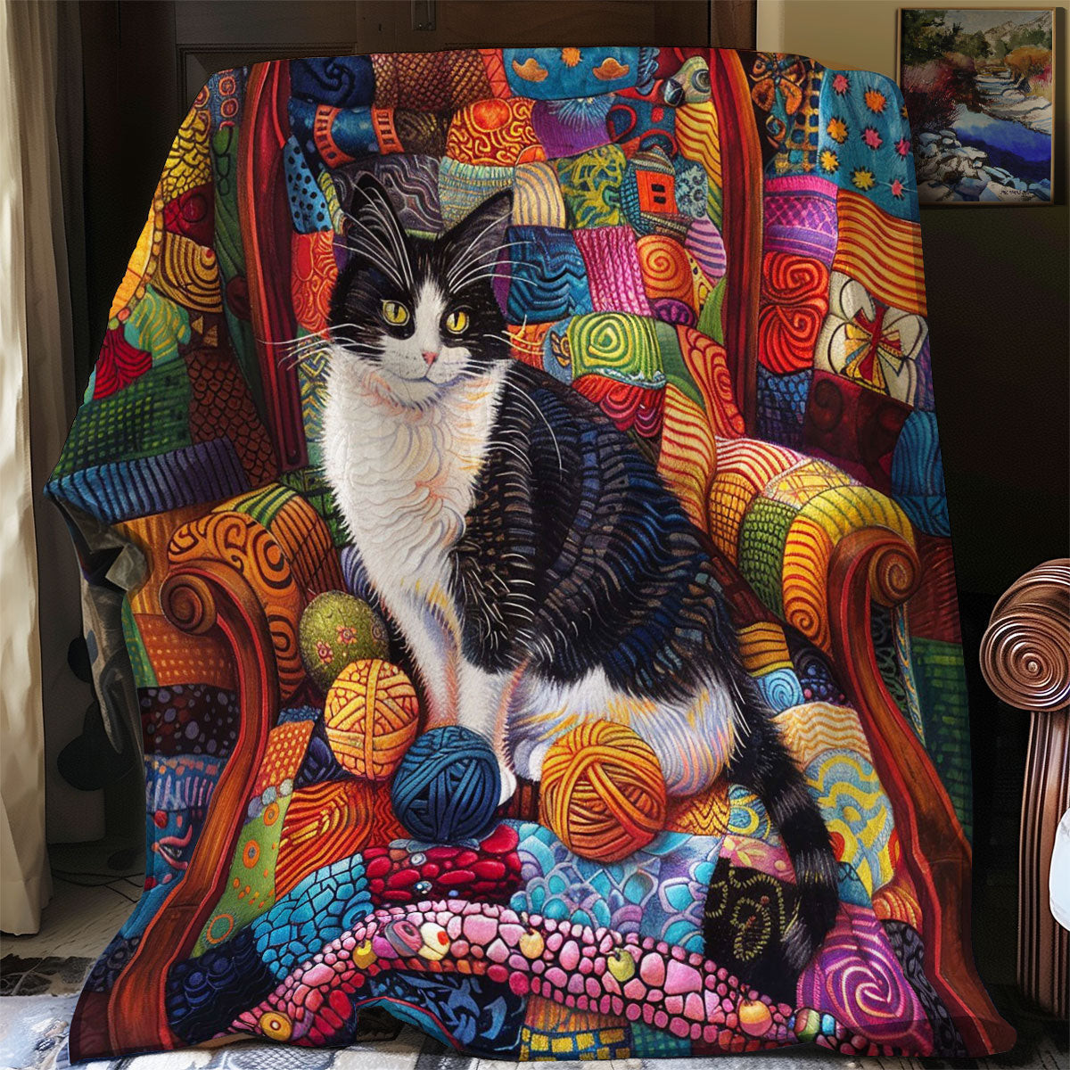 Cat and Yarn Quilt - Playful Cat Quilt Blanket, Ideal for Cat Lovers and Whimsical Home Decor QL510