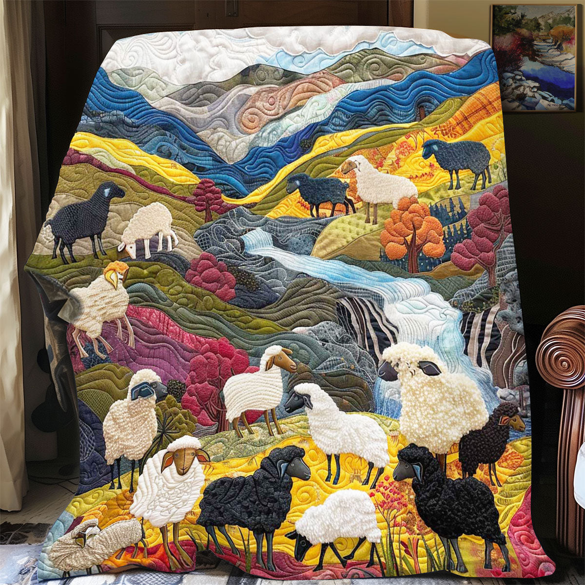 Colorful Sheep Village Quilted Blanket - Vibrant Sheep Design, Perfect Blanket Gift QL510