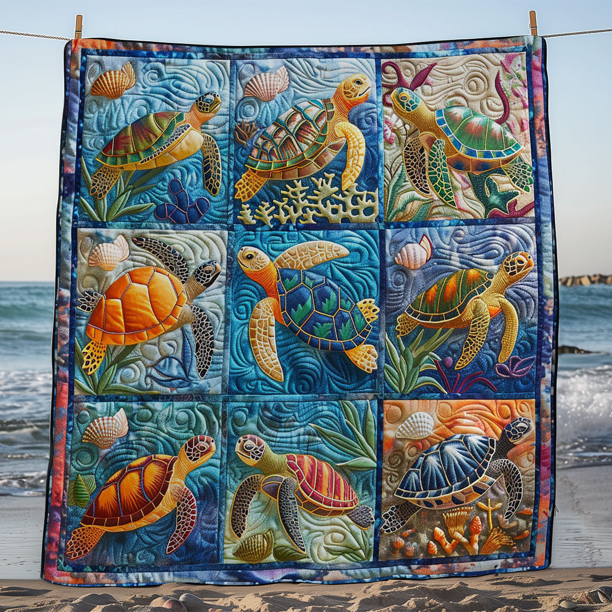 Color Of Sea Quilted Blanket - Vibrant Sea Turtle Design, Perfect Ocean Lover's Gift QL510