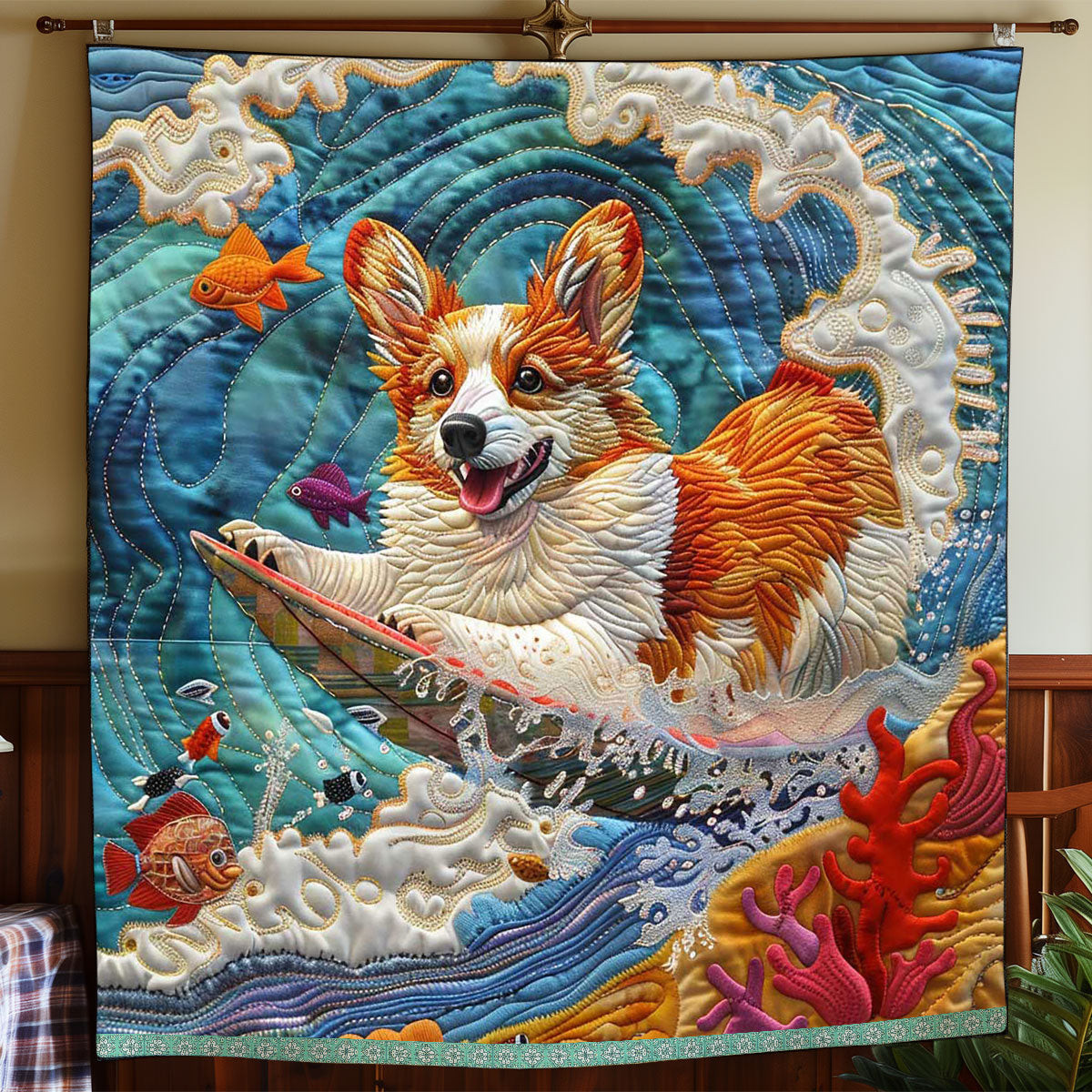 Summer Vacation Corgi Quilted Blanket - Fun Beach Dog Design, Perfect Summer Gift for Pet Lovers QL510