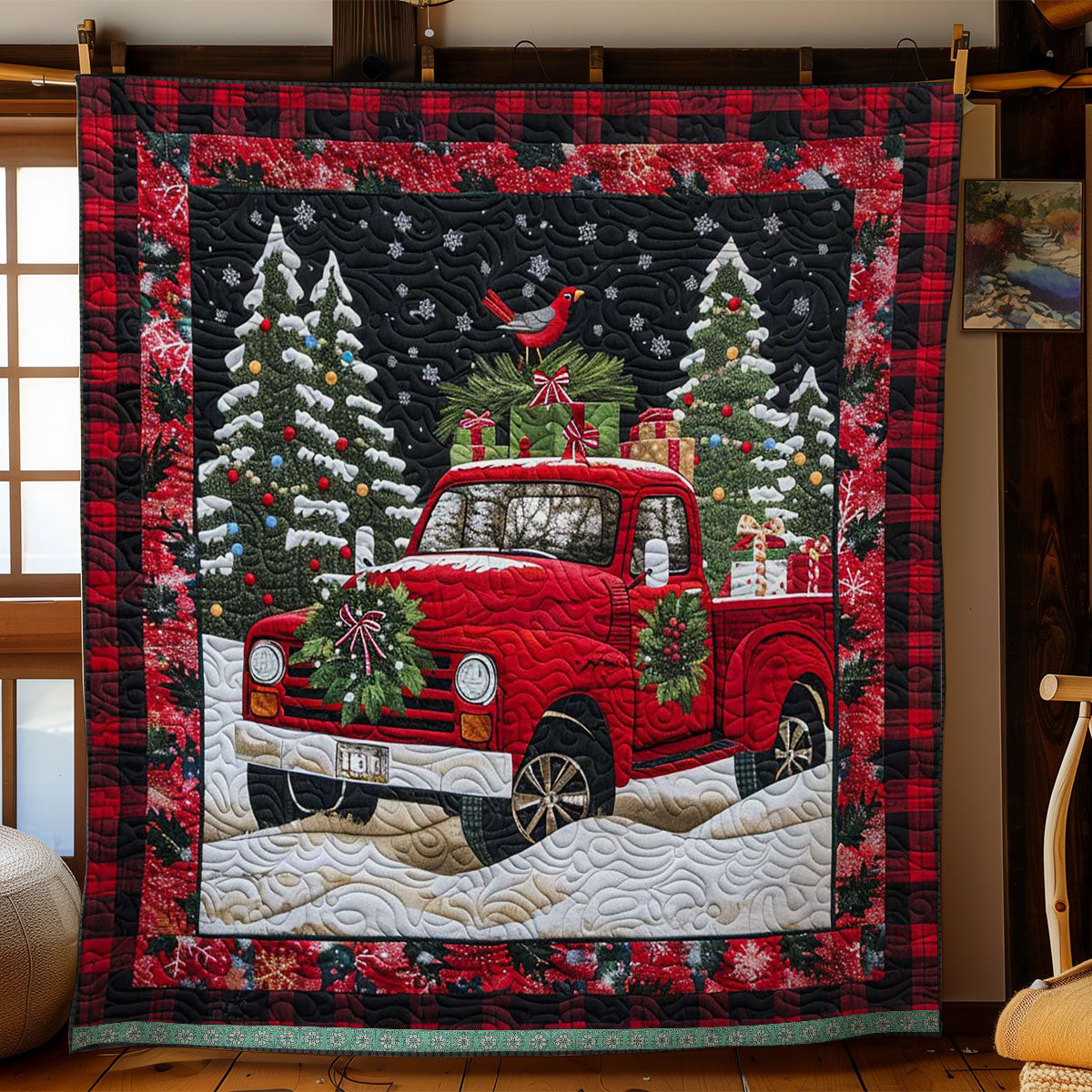 Festive Red Truck Journey Quilt Blanket - Christmas Red Truck Quilt for Holiday Gifts QL510