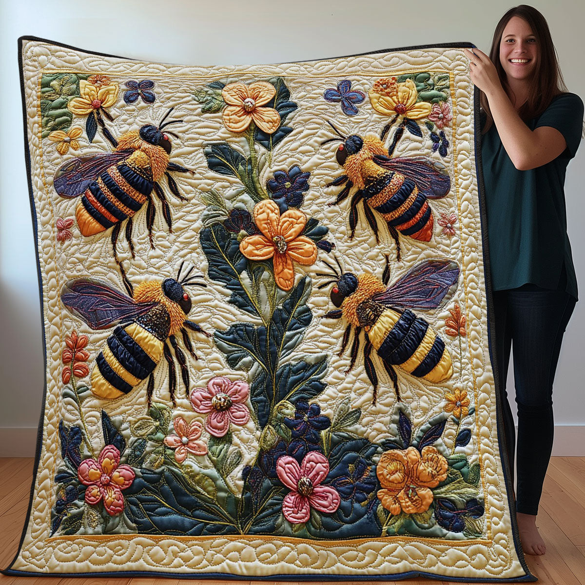 Hardworking Bees Quilted Blanket - Beautiful Animal and Flower Design, Ideal Cozy Blanket Gift QL510