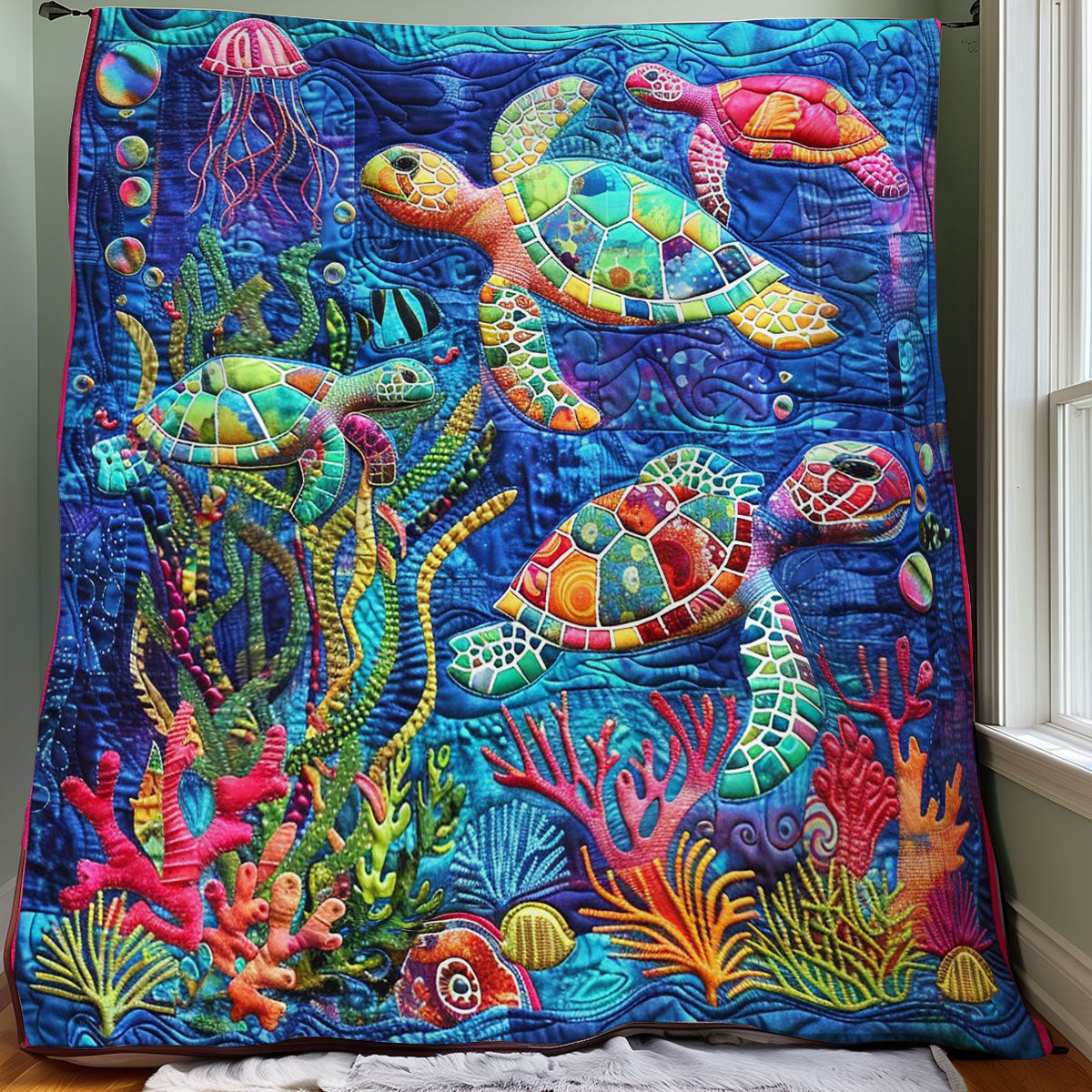 Turtle Sea Quilt Blanket - Soft Cotton Turtle Design Quilt for Bed or Couch QL510