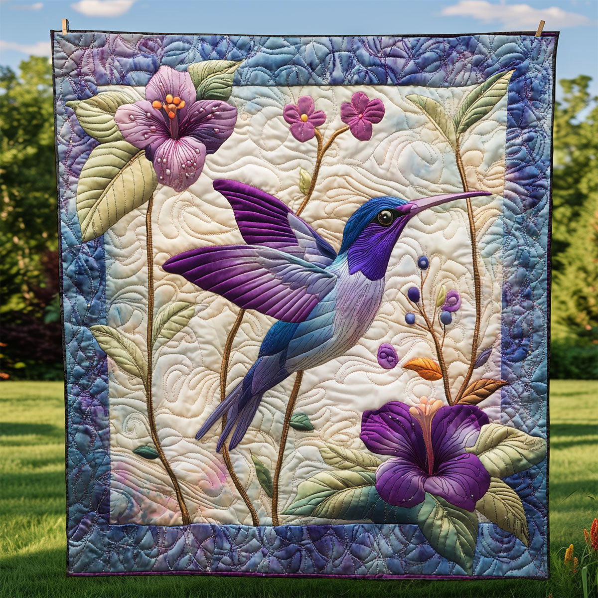 Beautiful Purple Hummingbird Quilt - Stunning Purple Hummingbird Quilt Blanket for Bird and Flower Lovers QL510