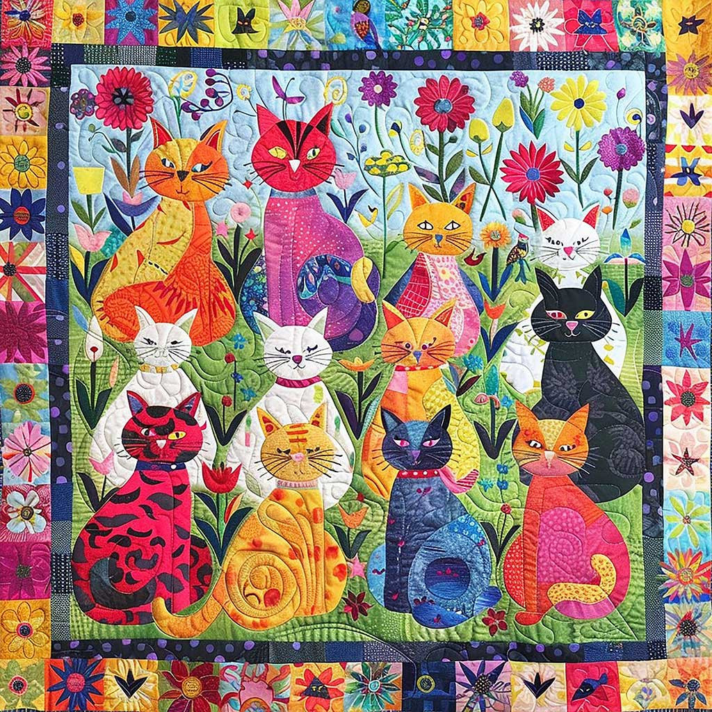 Morning Garden Cats Quilted Blanket - Charming Cat Design, Perfect Blanket Gift for Pet Lovers QL510