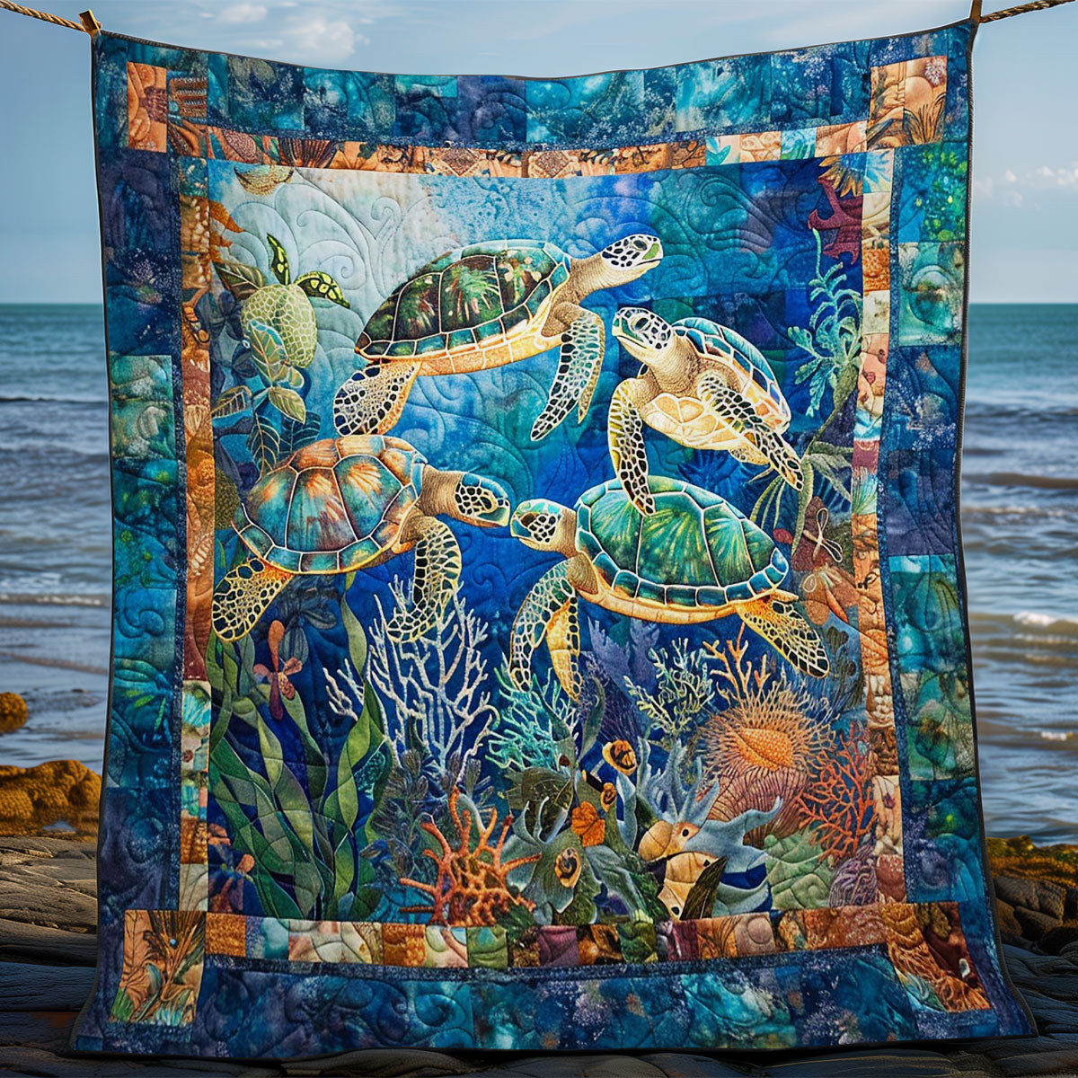 Turtles Quilted Blanket - Serene Turtle Design, Perfect Ocean Lover's Gift QL510