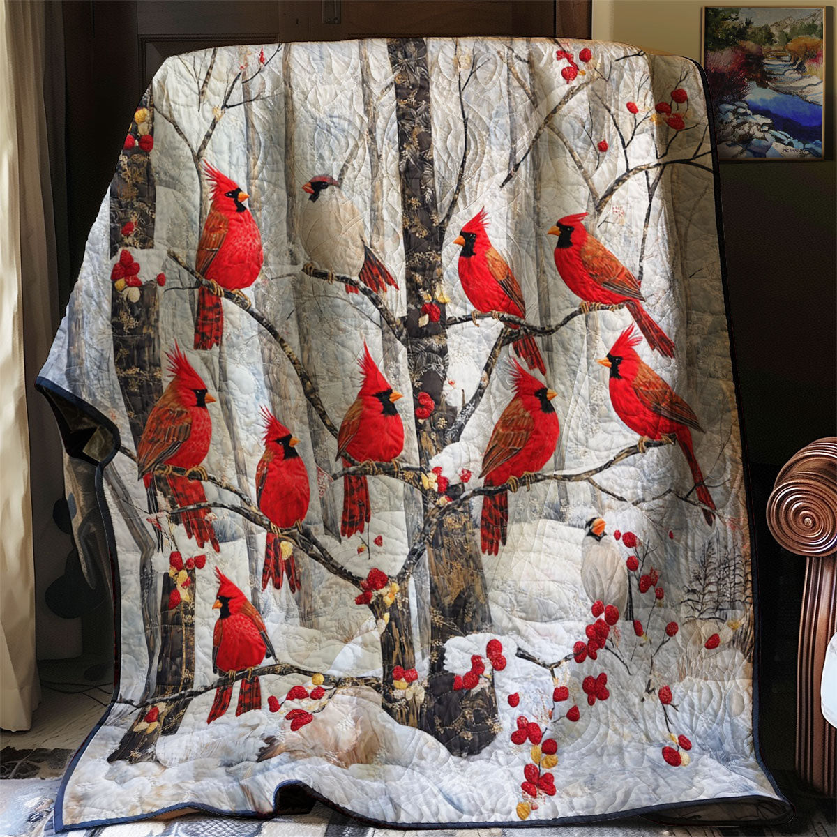 Winter Cardinals Quilt Blanket - Cozy Cardinal-Themed Bedding for Christmas and Winter Gifts QL510
