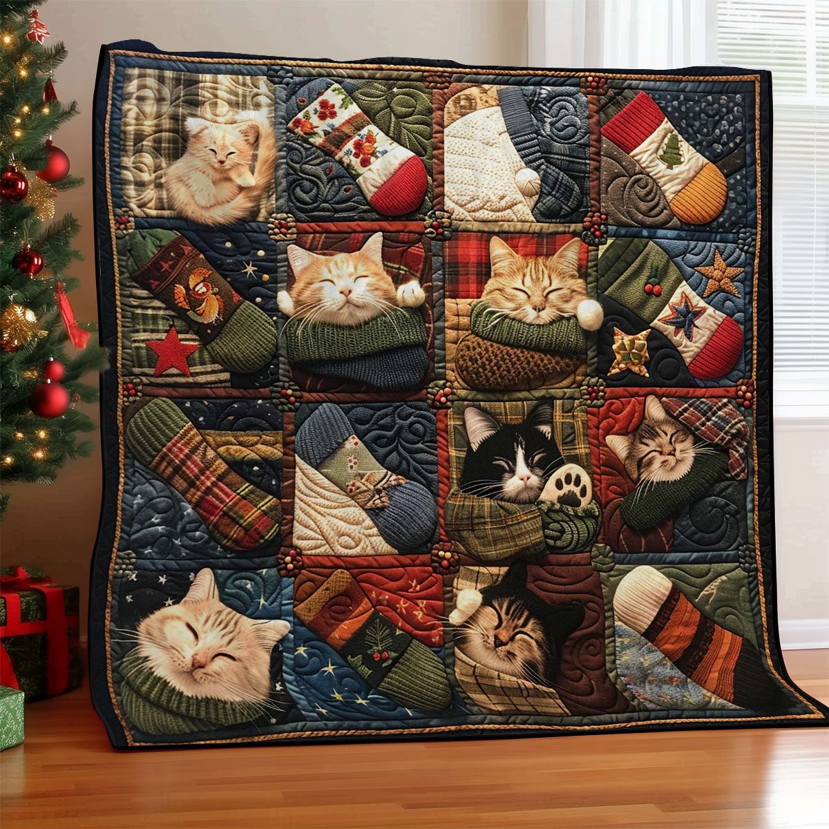 Sleeping Cat Quilted Blanket - Charming Cat Design, Ideal Blanket Gift for Pet Enthusiasts QL510