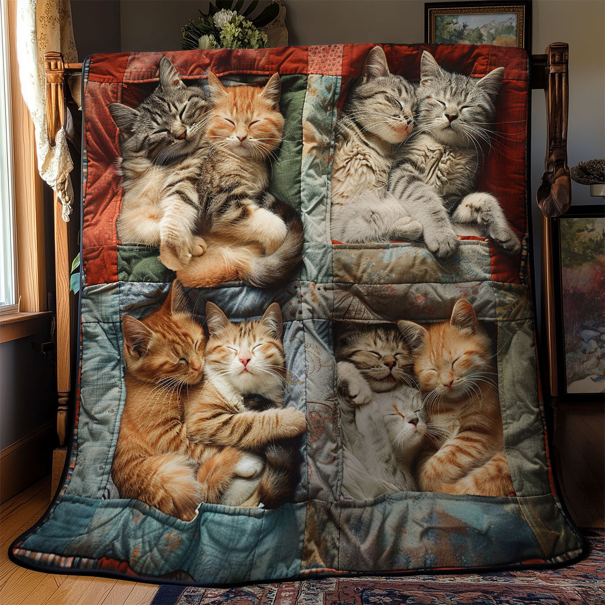 Sleeping Cuddle Cat Quilt Blanket - Soft Cat-Themed Bedding for Cozy Nights and Cat Lovers QL510
