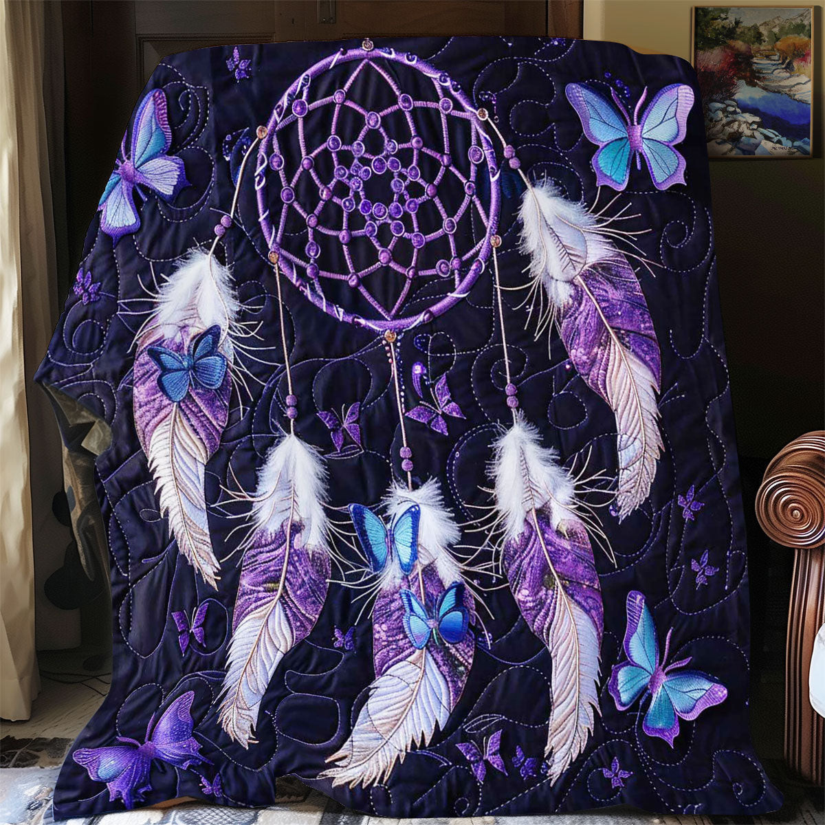 Purple Butterfly Dreamcatcher Quilt Blanket - Butterfly and Dreamcatcher-Themed Bedding QL510