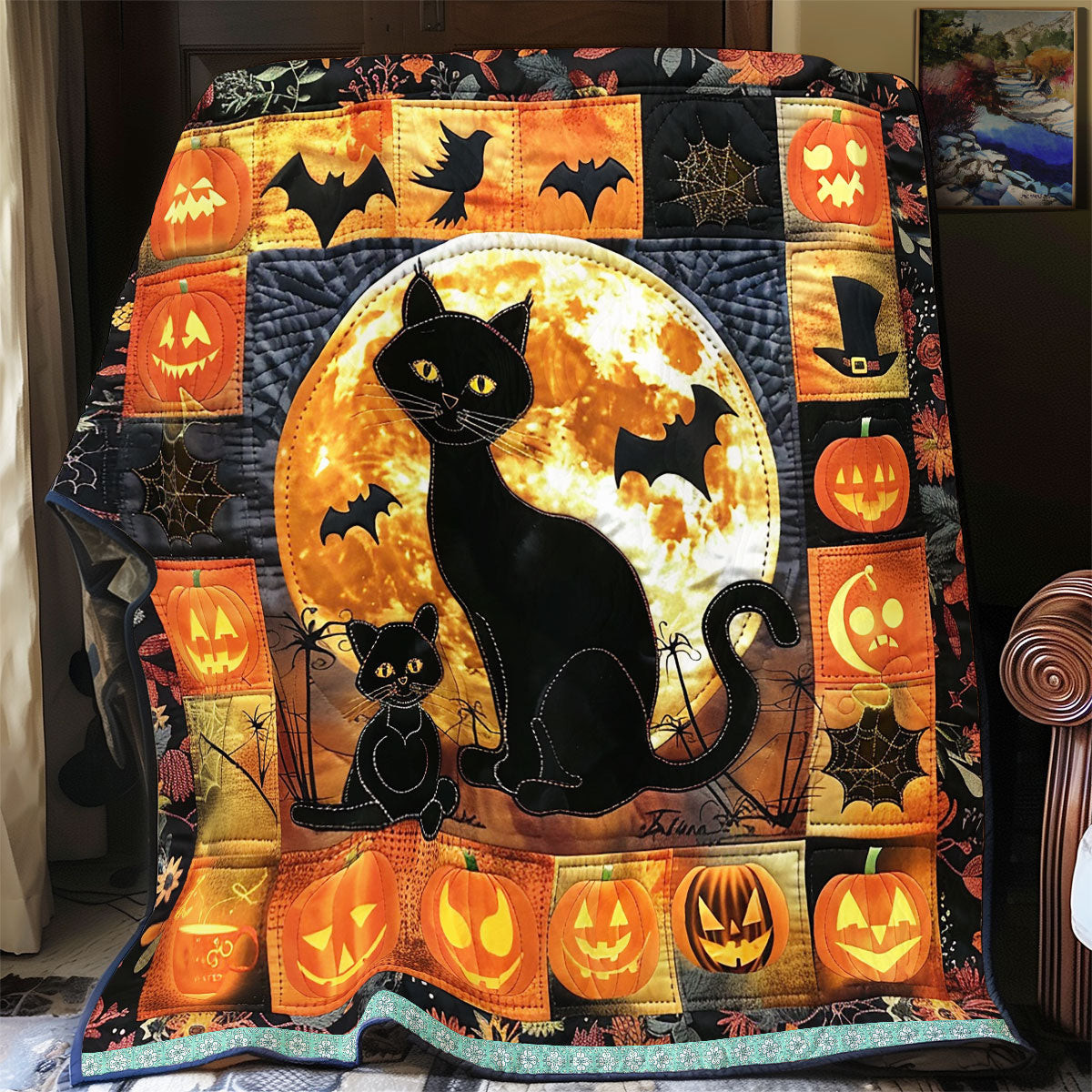 Halloween Cat And Pumpkin Quilt - Fun Halloween Cat And Pumpkin Quilt Blanket for Halloween Fans QL510