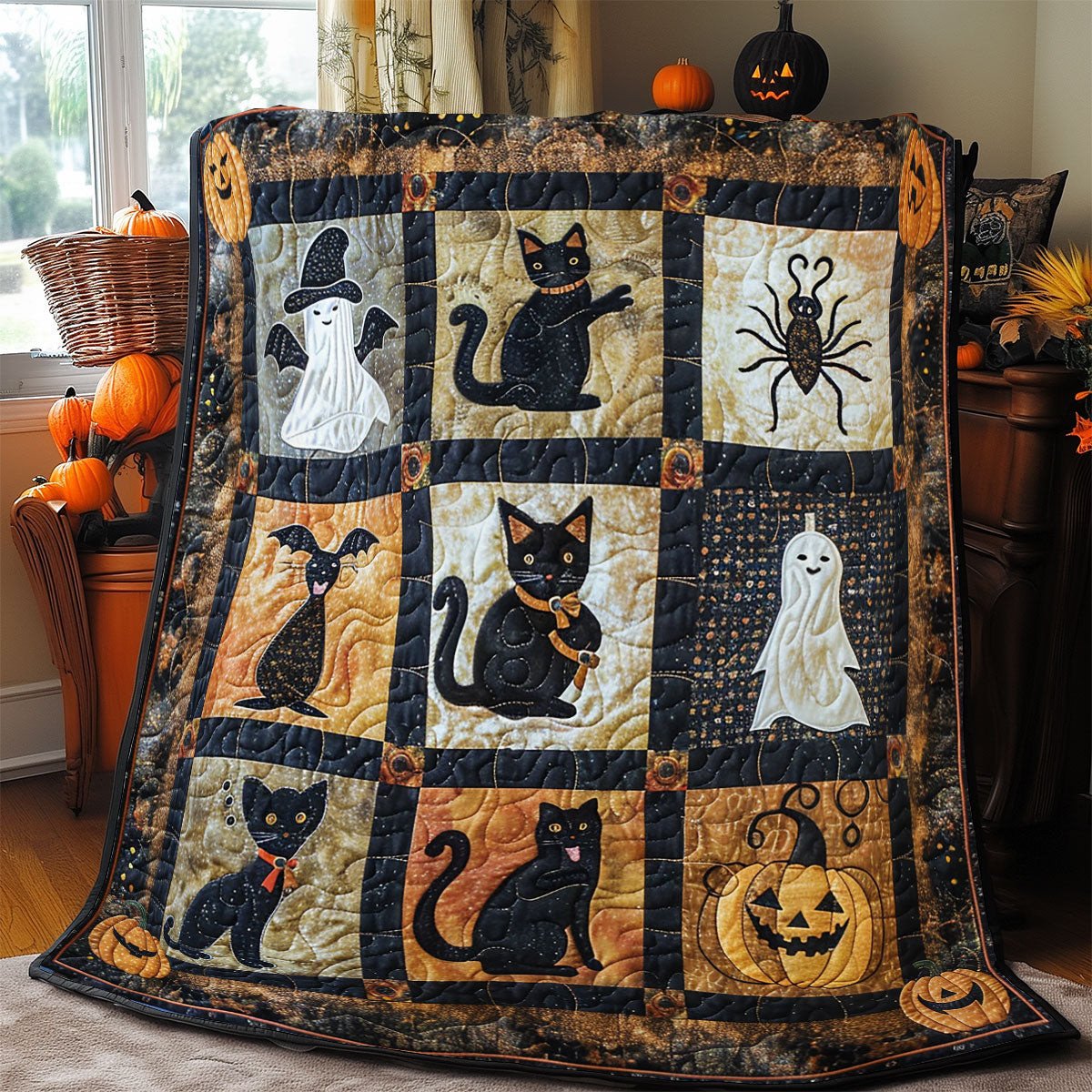 Spooky Halloween Collection Quilt Blanket - Halloween-Themed Bedding with Cat, Dog, Ghost & Pumpkin Designs for Fall Gifts QL510