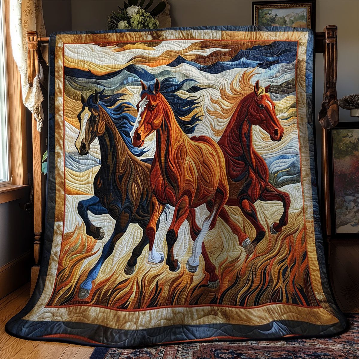 Three Horses Quilt Blanket - Majestic Horse Design Quilt, Perfect for Horse Lovers QL510