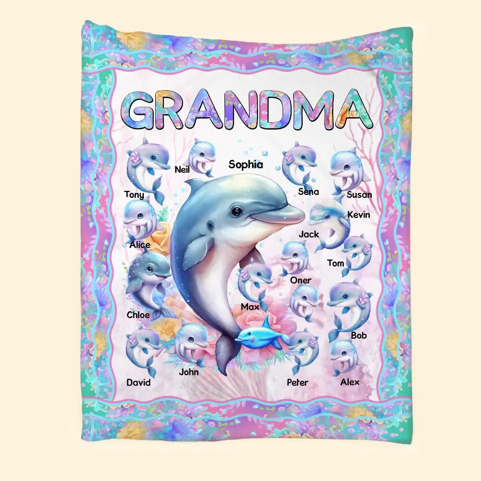 Personalized Grandma Dolphin & Kid Names Sherpa or Fleece Blanket Printed MTPN2023126 QL510