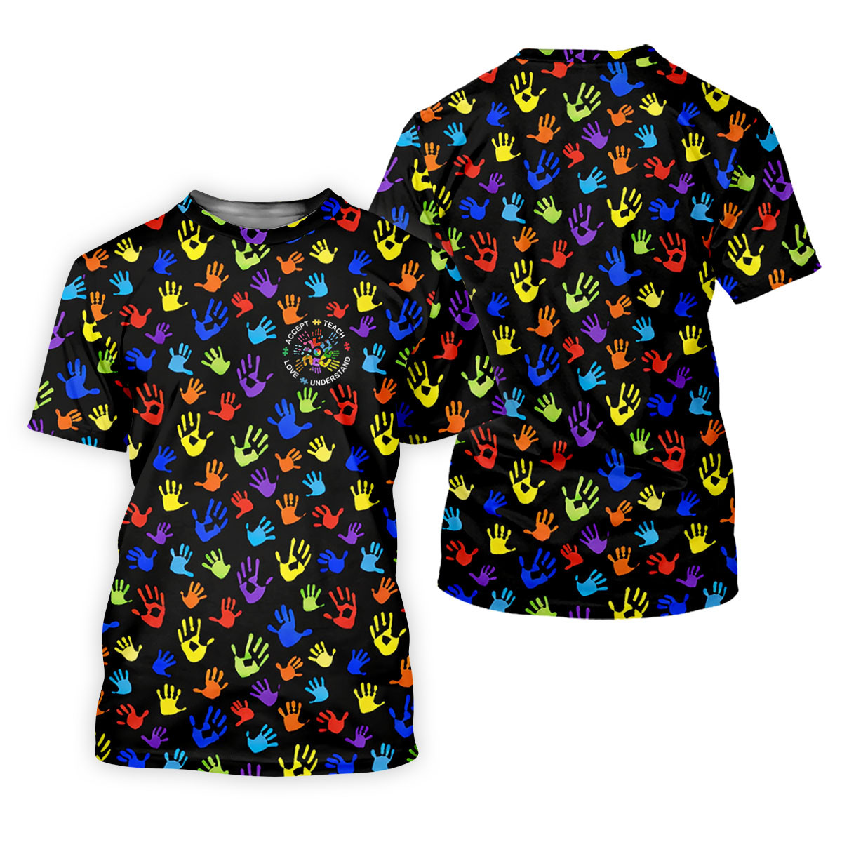 Accept Teach Understand Love Autism Awareness Colorful Handprint Black Golf Shirt, Golf Shirts For Men SH818