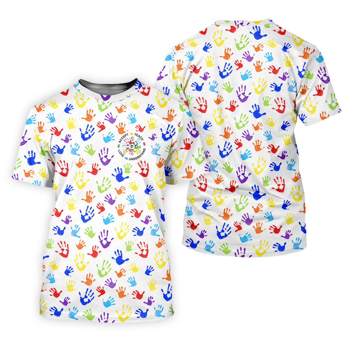 Accept Teach Understand Love Autism Awareness Colorful Handprint White Golf Shirt, Women's Golf Tops SH818