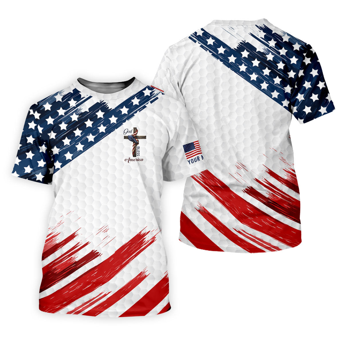 God Bless America Faith Cross US Flag Brush White Golf Shirt, Patriotic 4th Of July Golf Shirts For Men SH818